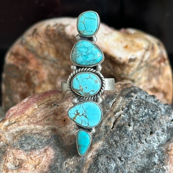 Dry Creek Turquoise Long Statement Southwestern Sterling Silver Ring